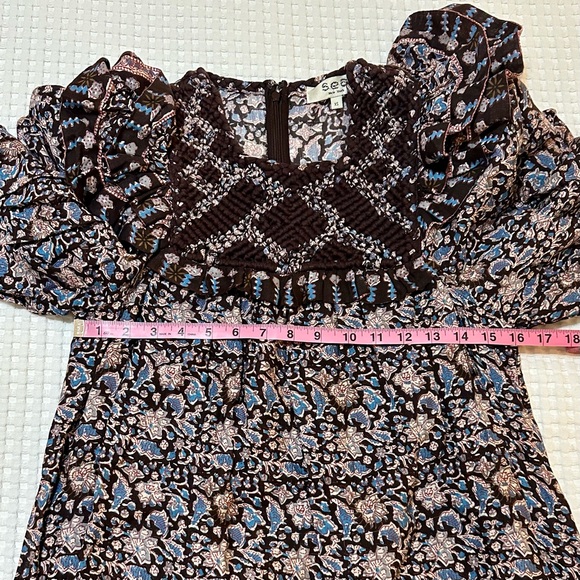 Sea Amaki Border Print Tunic Dress Macrame Puff Sleeve Ruffle Hem Womens Size XS - Picture 8 of 9